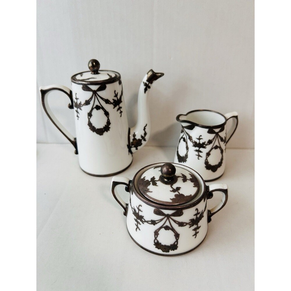 T&V Limoges France silver Appliqué Tea Cream Sugar Set Silver Trim